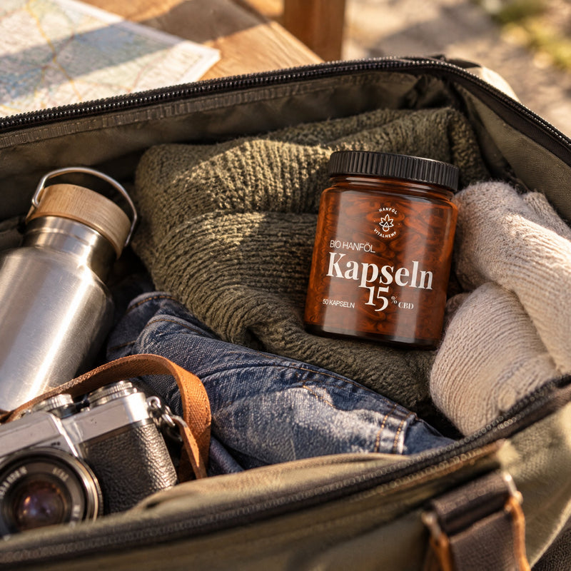VITALHemp CBD-Kapseln 15 Prozent Dose in einer gepackten Reisetasche