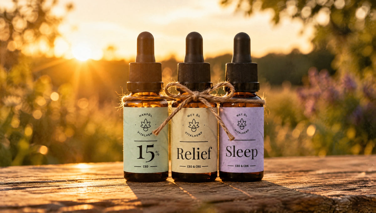 Drei VITALHemp Flaschen CBD-Öl 15 %, Relief und Sleep mit Schleife als Set im Abendlicht.