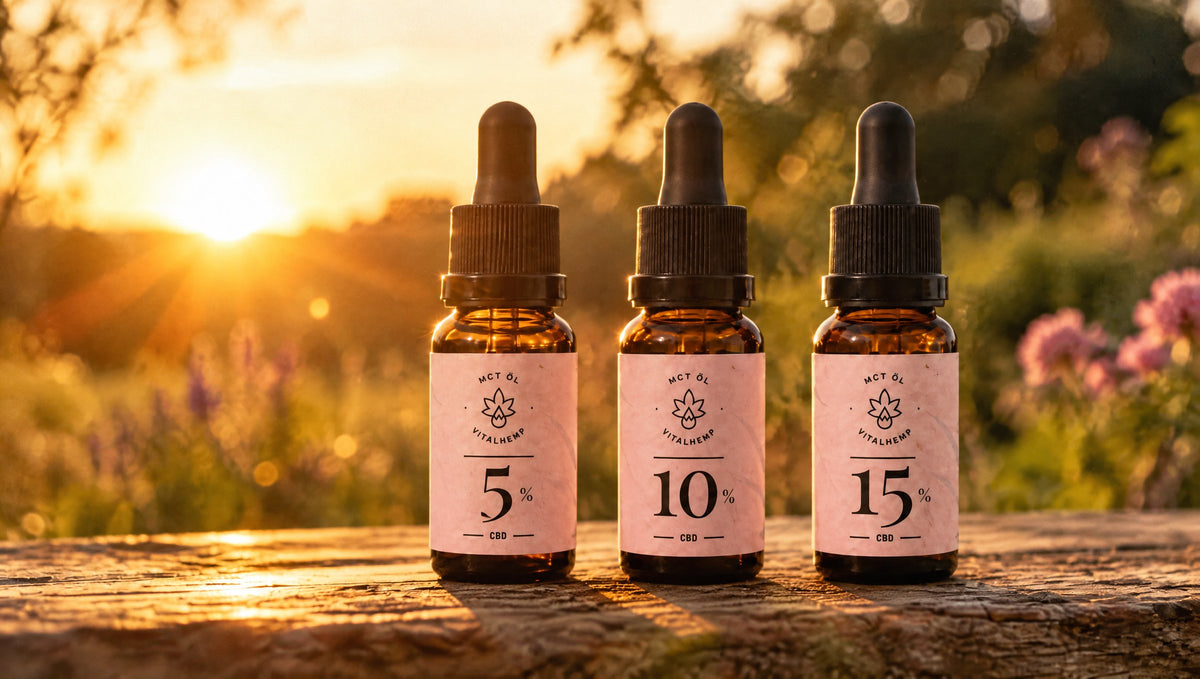 Drei VITALHemp CBD-Öl-Flaschen in Bio-MCT-Öl, 5, 10 und 15 %, im Garten im Abendlicht.