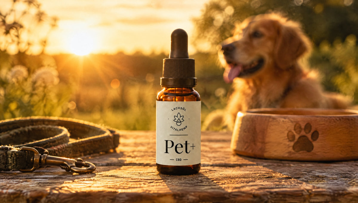 VITALHemp Pet+ Flasche mit Hund im Abendlicht.