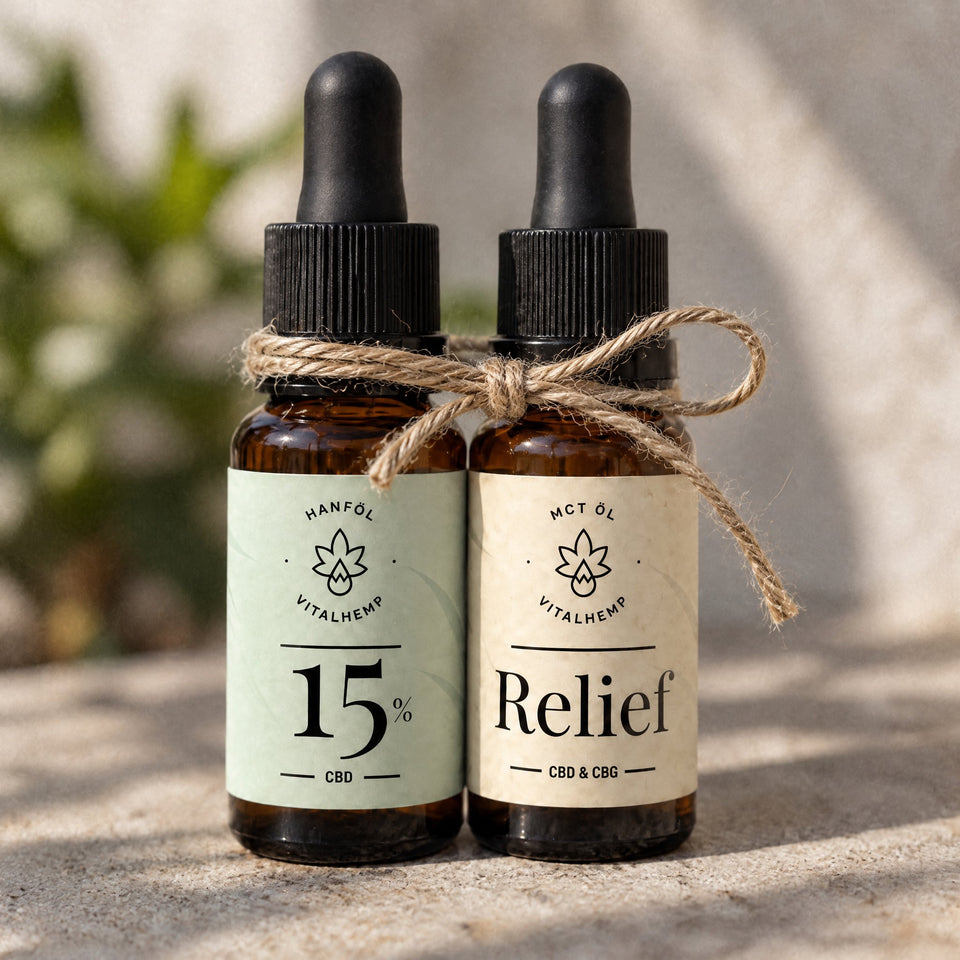 Zwei VITALHemp Flaschen CBD-Öl 15 % und Relief mit Bindfaden als Set.