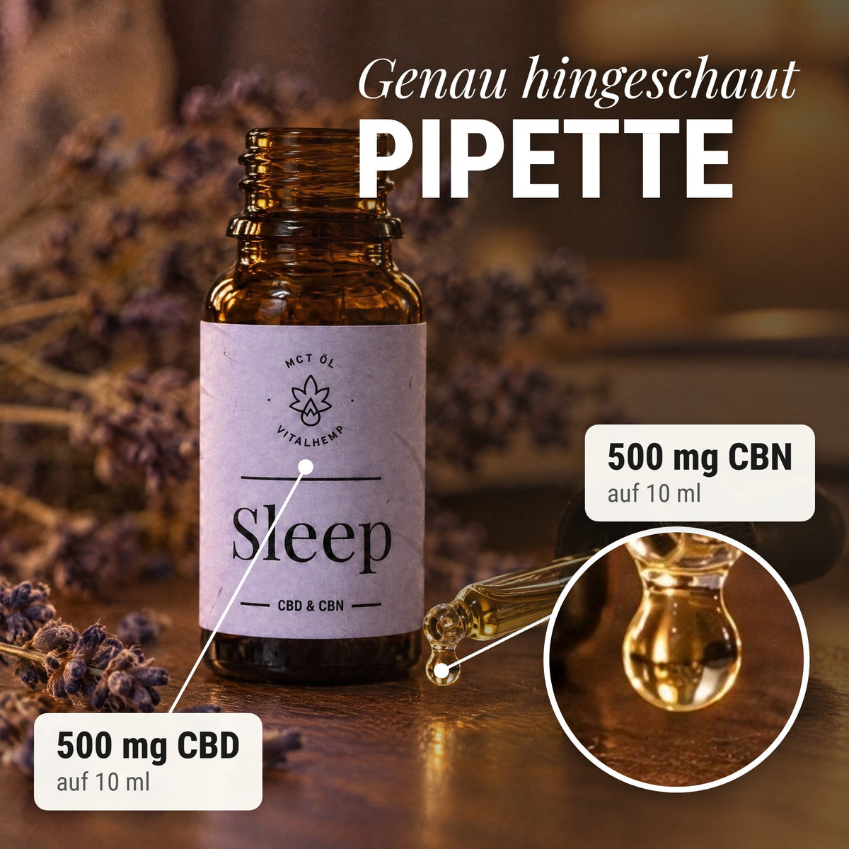 Sleep-Öl 10 % CBD + CBN: Genau hingeschaut Pipette