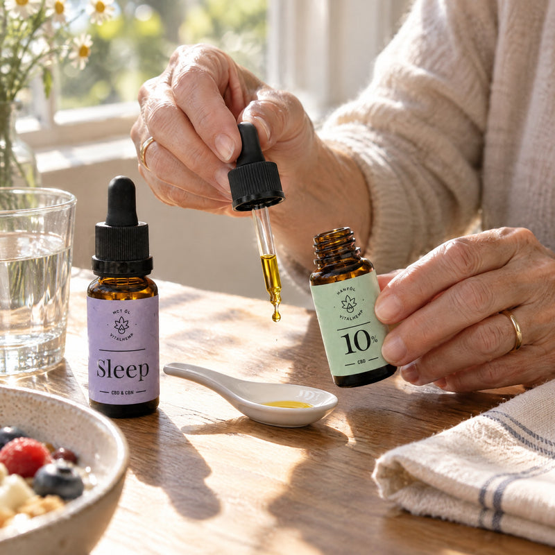 Hände geben einen Tropfen CBD-Öl 10 % auf einen Keramiklöffel am Frühstückstisch, daneben das Sleep-Öl