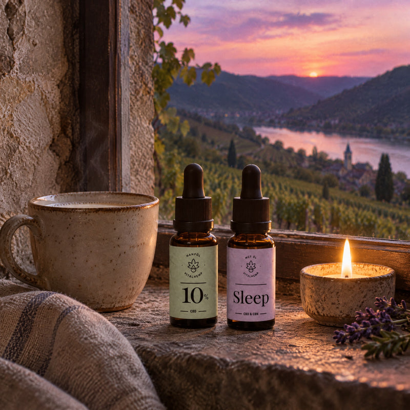 CBD-Öl 10 % und Sleep-Öl auf einem Fensterbrett mit Blick über die Wachau in der Abenddämmerung