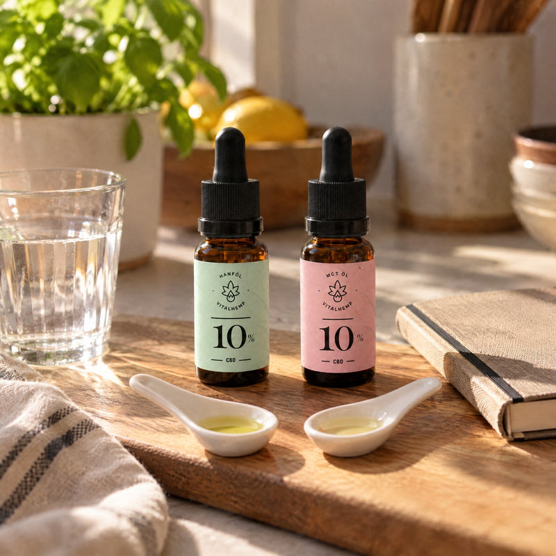 Zwei Keramiklöffel auf einem Holzbrett, dahinter CBD-Öl 10 % in Bio-Hanföl und in Bio-MCT-Öl