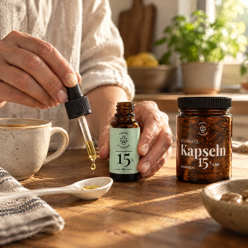Hände geben einen Tropfen CBD-Öl 15 % auf einen Keramiklöffel in der Küche, daneben die Kapsel-Dose
