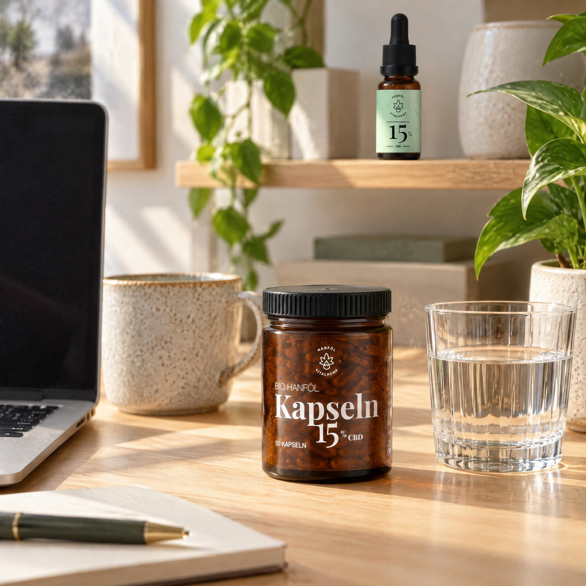 Dose CBD-Kapseln 15 % auf dem Schreibtisch neben Laptop und Wasserglas, das CBD-Öl 15 % im Regal