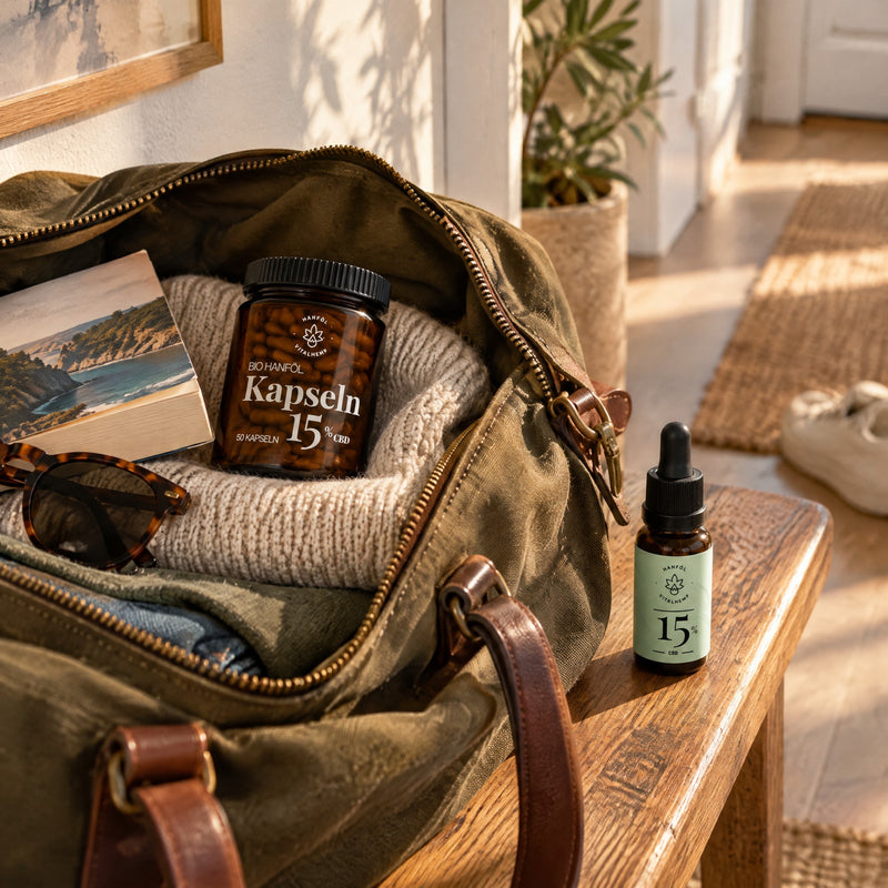 Dose CBD-Kapseln 15 % in einer gepackten Reisetasche, daneben das CBD-Öl 15 % auf der Bank