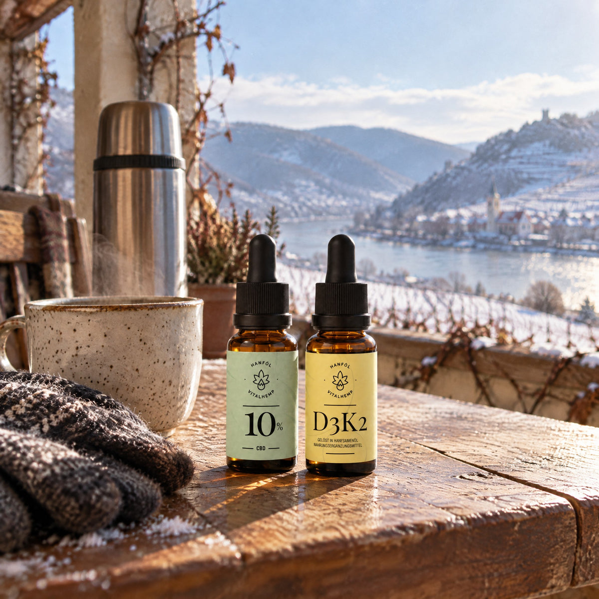 CBD-Öl 10 % und Vitamin D3+K2 auf einem Holztisch einer Veranda mit Blick auf die verschneite Wachau