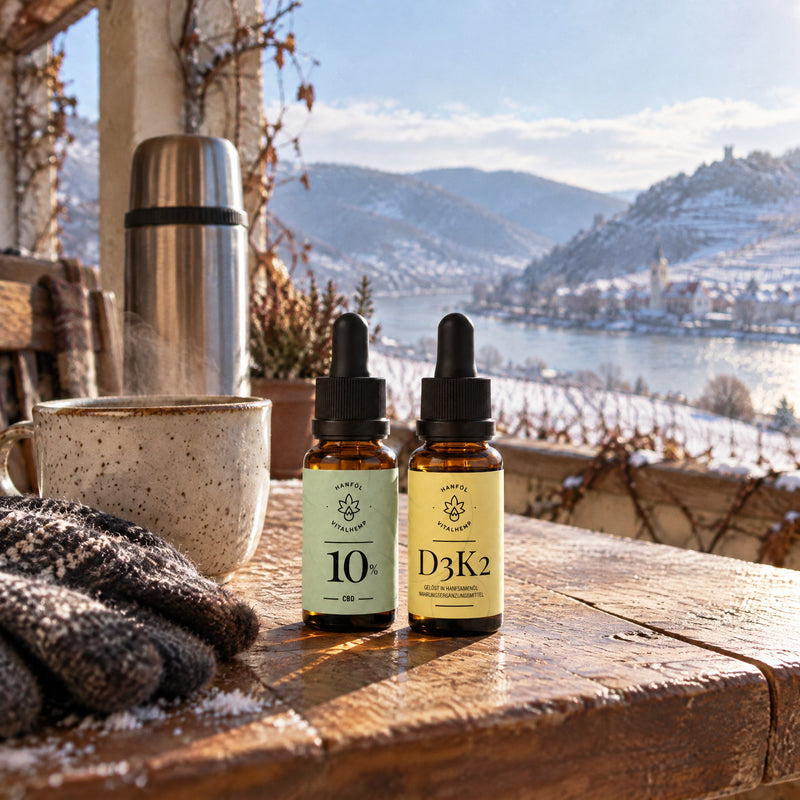 CBD-Öl 10 % und Vitamin D3+K2 auf einem Holztisch einer Veranda mit Blick auf die verschneite Wachau
