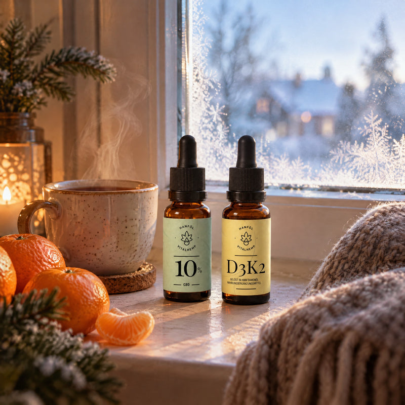 CBD-Öl 10 % und Vitamin D3+K2 auf einem verschneiten Fensterbrett neben Tee und Clementinen