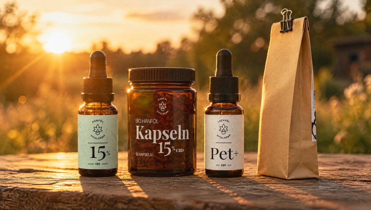 Sortiment VITALHemp Produkte: CBD-Öl 15 %, Kapseln, Pet+ und Hanftee-Verpackung im Abendlicht.