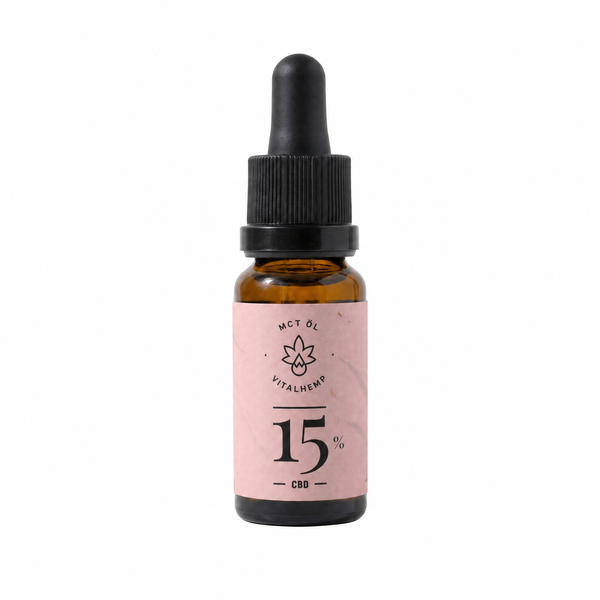 CBD-Öl 15 % in Bio-MCT-Öl, 10-ml-Flasche mit roséfarbenem Etikett