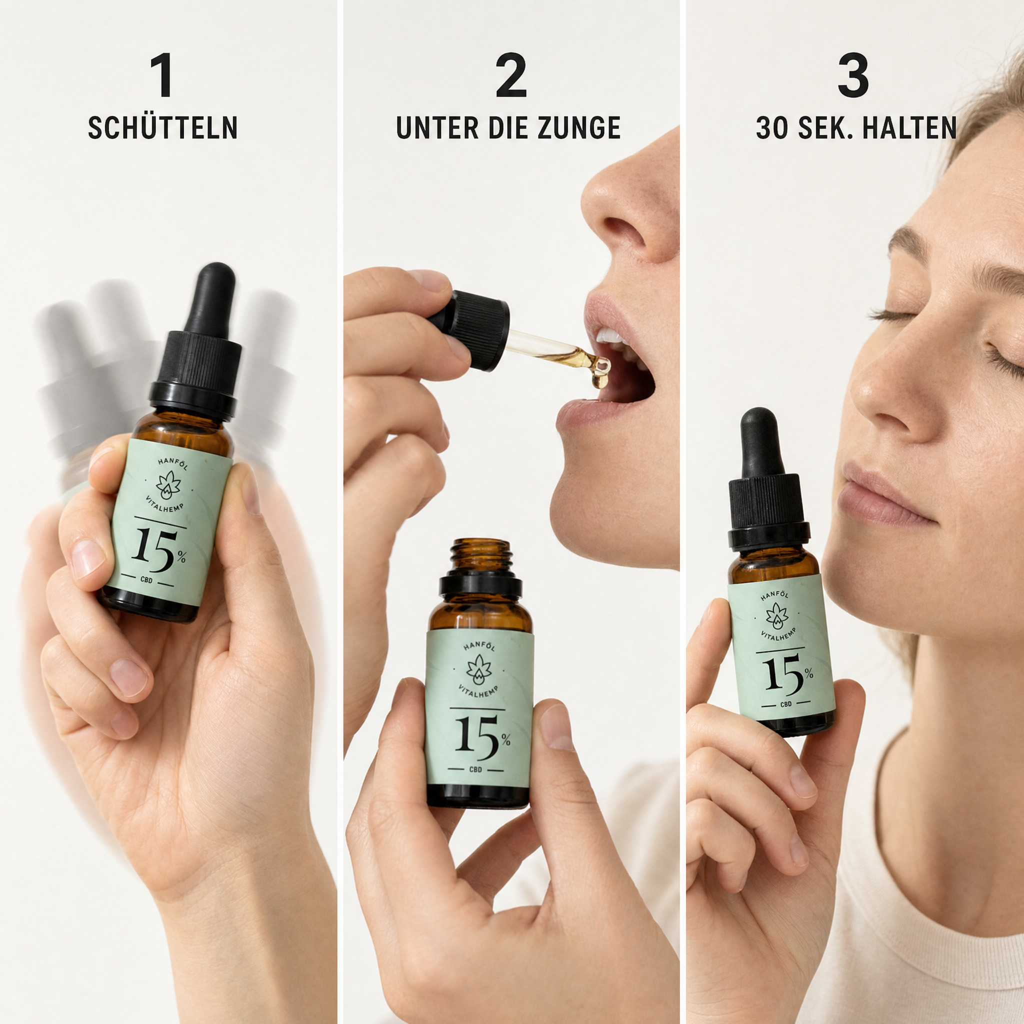VITALHemp Pure 15% Hanföl – Anwendung in 3 Schritten