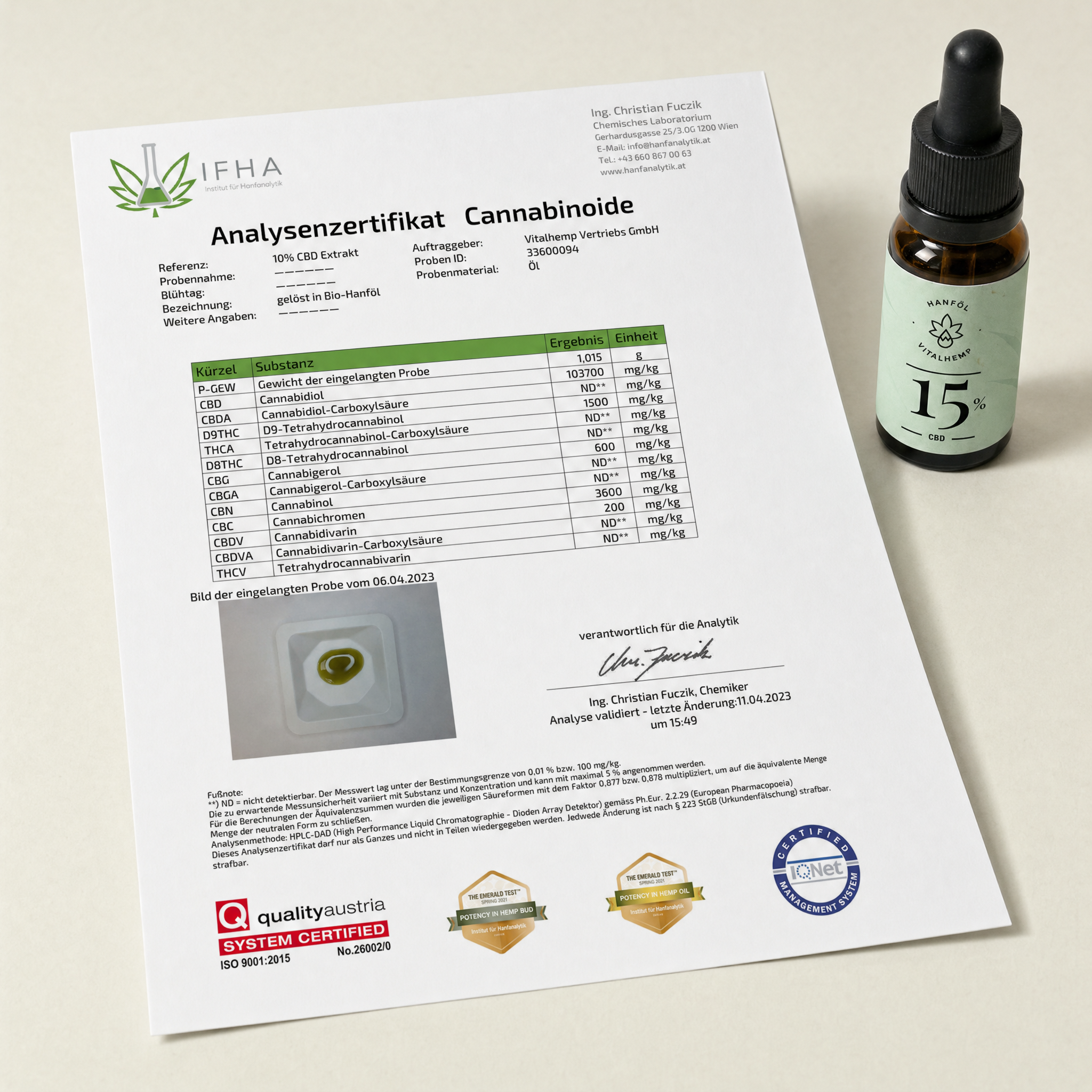 VITALHemp Pure 15% Hanföl – Analysenzertifikat