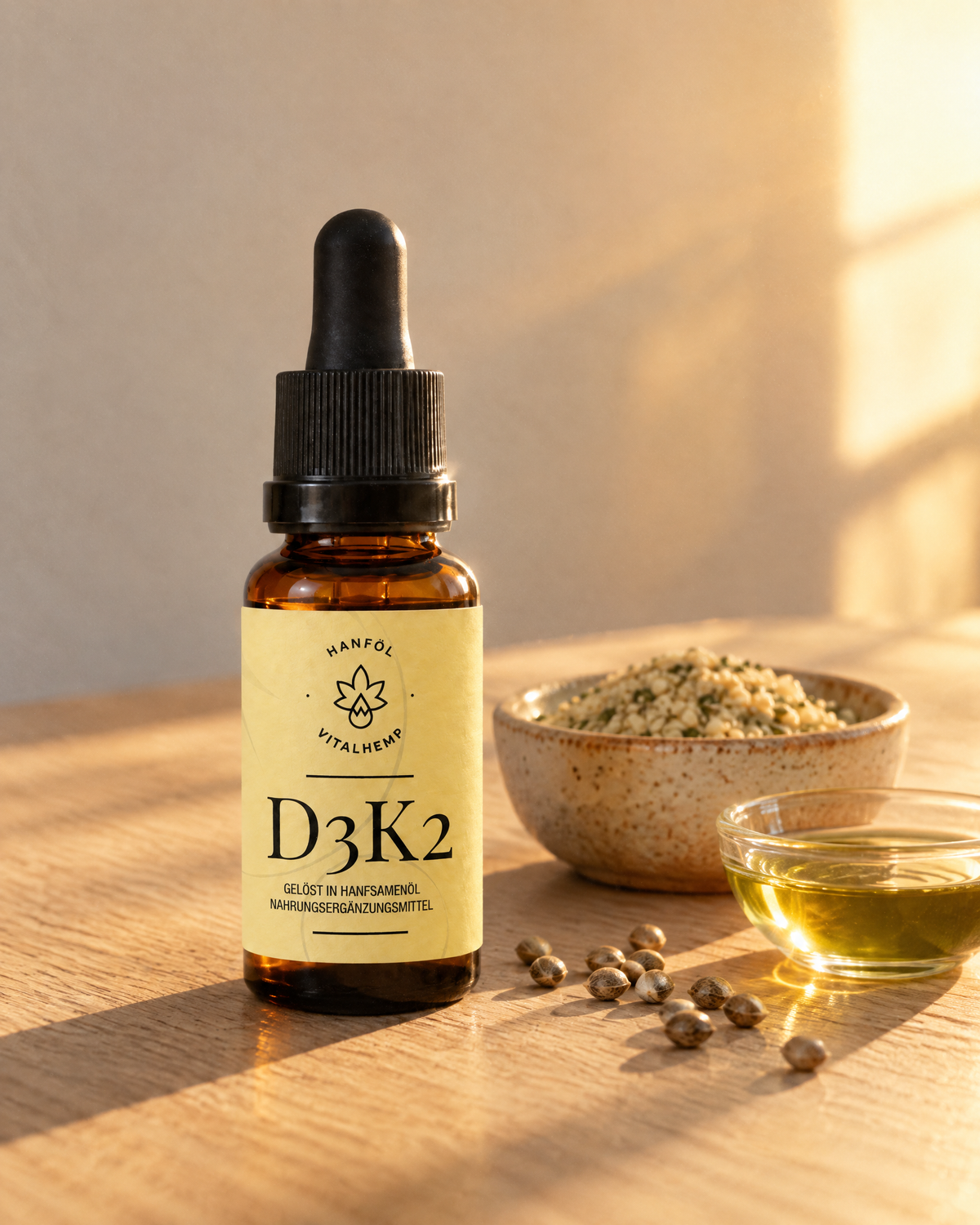 Geschlossene Flasche Vitamin D3+K2 neben einer Schale geschälter Hanfsamen, einzelnen Hanfsamen und einem Schälchen Hanfsamenöl