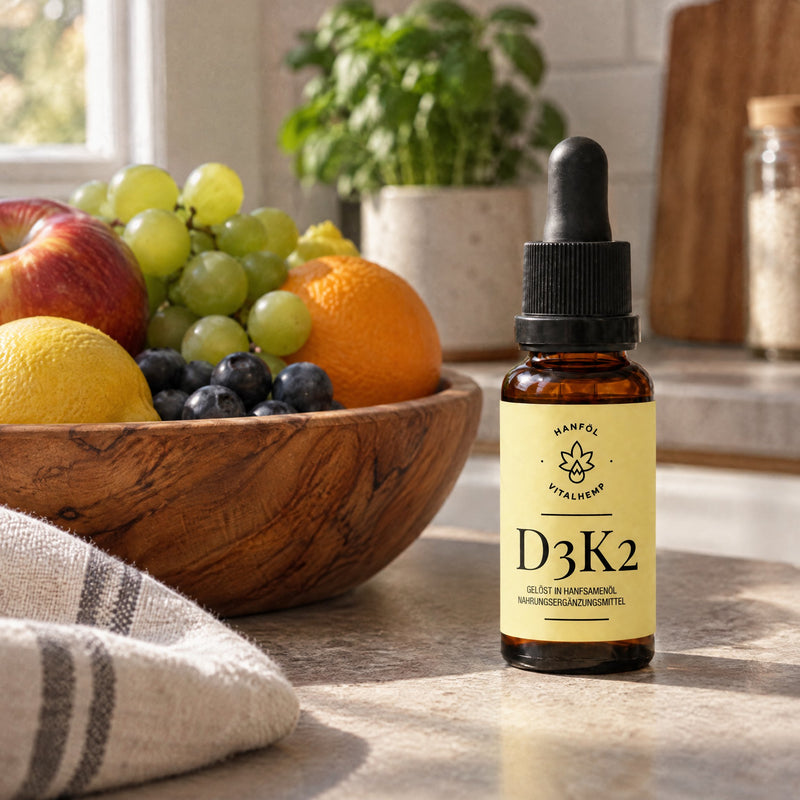 VITALHemp Vitamin D3+K2 Flasche auf der Kuechentheke neben einer Schale Obst