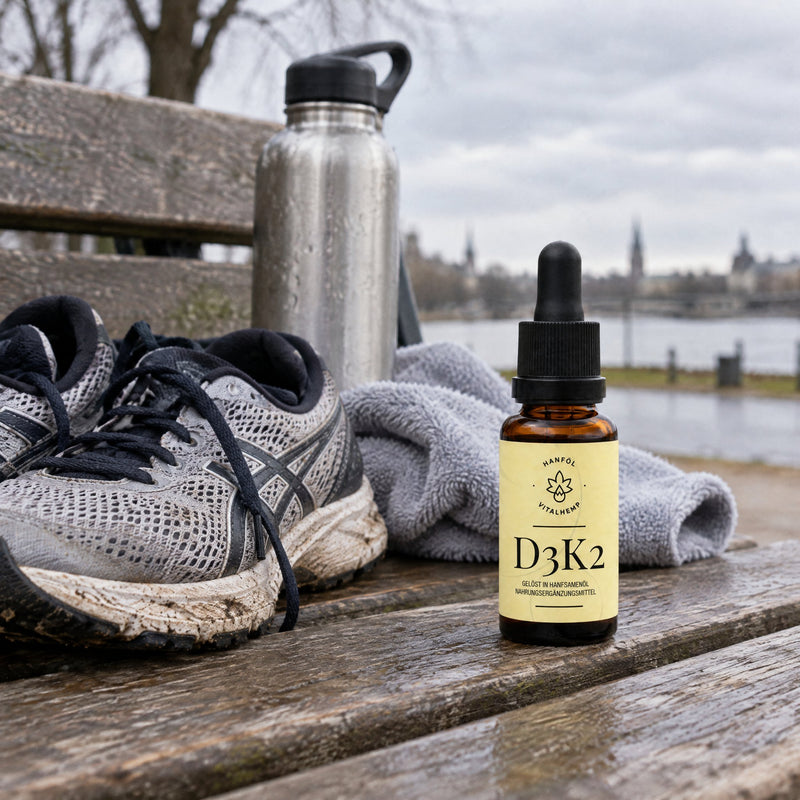 VITALHemp Vitamin D3+K2 Flasche auf einer Bank neben Laufschuhen nach dem Laufen