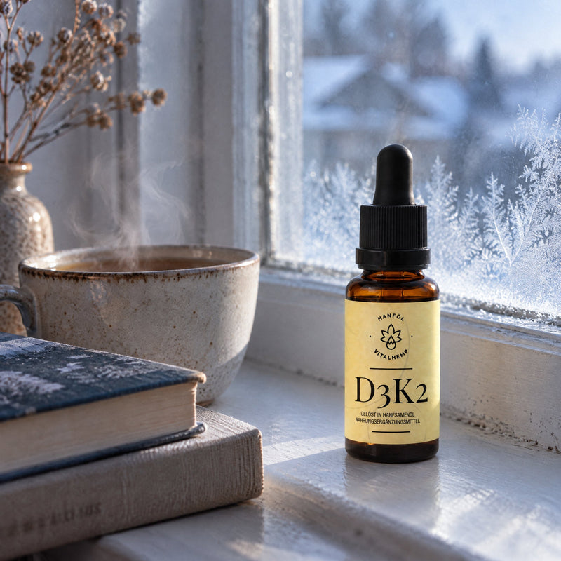VITALHemp Vitamin D3+K2 Flasche auf der Fensterbank im Winter neben Buechern und Tee