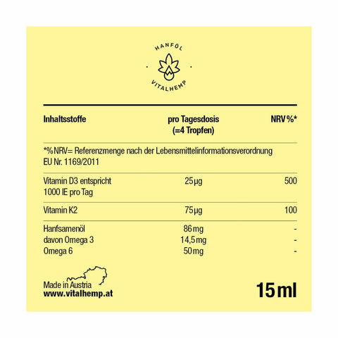 Vitamin D3 + K2 in Bio-Hanföl (15 ml)