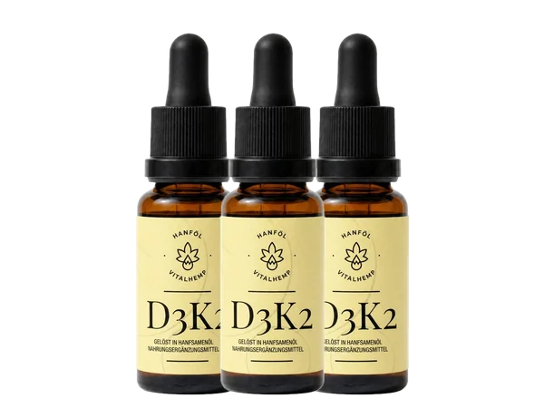 Drei Flaschen VITALHemp Vitamin D3+K2