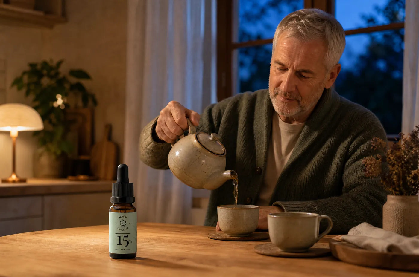 Mann Mitte 60 gießt sich abends Tee ein, daneben eine VITALHemp CBD-Öl-Flasche 15 Prozent