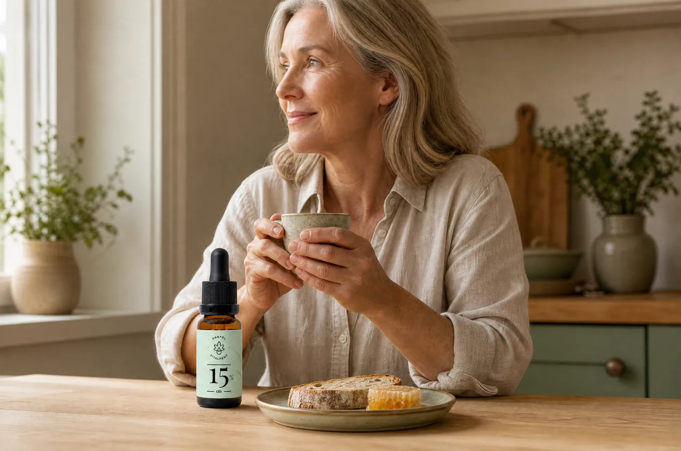 Frau Anfang 60 am Küchentisch mit einer Tasse Tee und einer VITALHemp CBD-Öl-Flasche 15 Prozent
