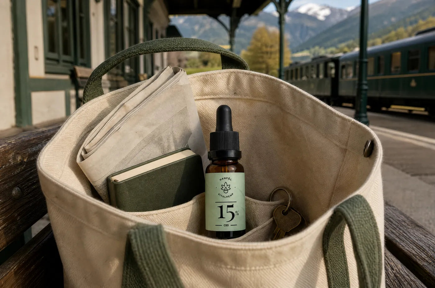 Stofftasche mit einer VITALHemp CBD-Öl-Flasche 15 Prozent an einem Bahnsteig