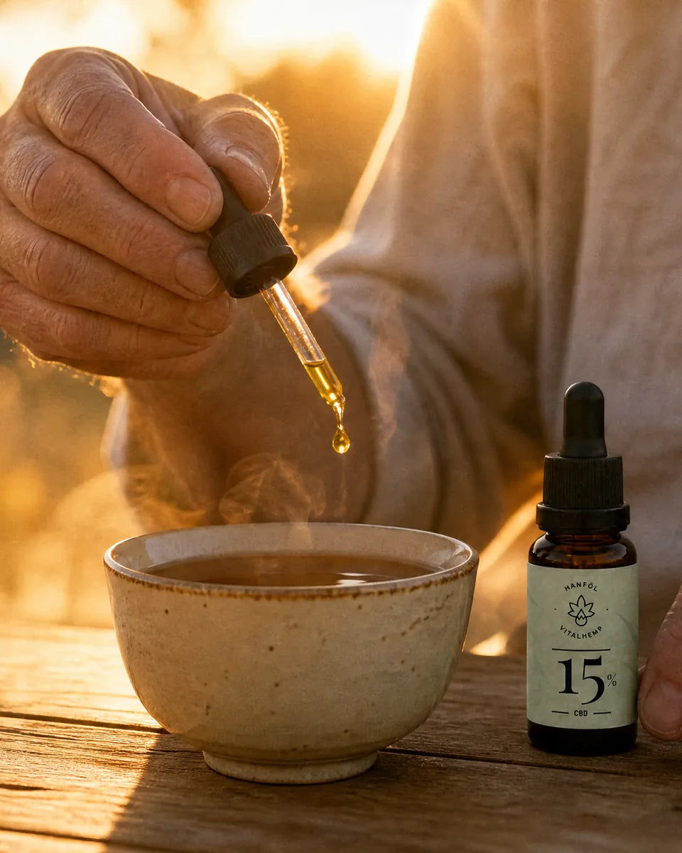 Ein Tropfen CBD-Öl fällt aus der Pipette in eine Tasse Tee, daneben die 15-%-Flasche von VITALHemp