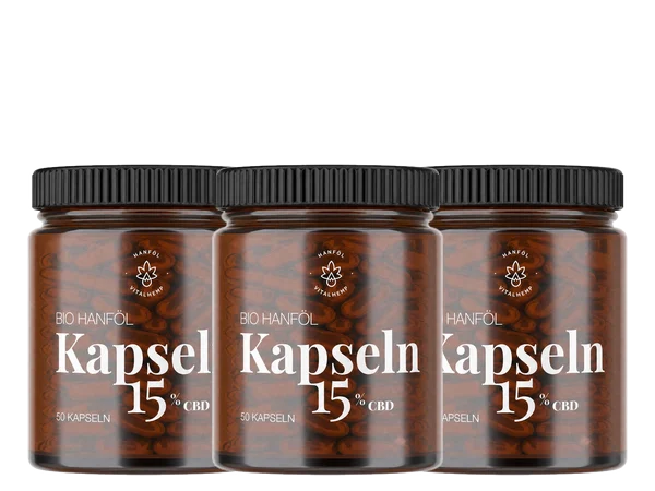 Drei Dosen VITALHemp CBD-Kapseln 15 %